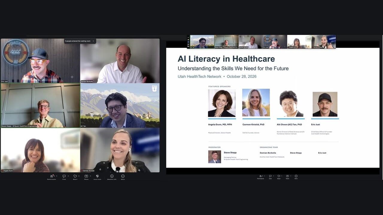The AI Literacy in Healthcare panel on Zoom: Carmen Kivisild, Angela Dunn, AC Tan, Eric Just, Damian Borbolla and Steve Stepp on camera, beside the title slide with the featured speakers.